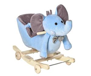 HOMCOM Cavallo a Dondolo per Bambini 18+ Mesi a forma di Elefante con Rotelle, Cintura e Schienale, Cavalluccio a Dondolo in Peluche, Legno e Acciaio, 60x35x45 cm, Blu