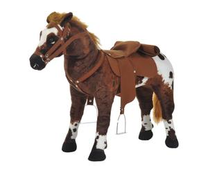 HOMCOM Cavallo Cavalcabile per Bambini 2+ Anni con Sella 85x28x60cm Marrone | Nitrito Realistico, Staffe, Cavallo Giocattolo in Peluche e Metallo