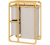 HOMCOM Cesto Portabiancheria Salvaspazio, Cesto Portabiancheria Elegante con 3 Sacchi e Ripiani Estraibili in Tessuto, Bambù, 50x32x69.7 cm, Color Bambù e Crema