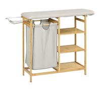 HOMCOM Cestino Portabiancheria in Bambù e Poliestere con Asse da Stiro e Ripiano a 3 Livelli, 113x34x82 cm