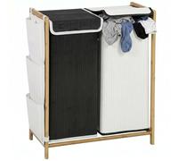 HOMCOM Cesto Portabiancheria a 2 Scomparti 120L con Coperchi, in Bambù, Tasche Laterali, Sacchi Estraibili, Grande Cesto Biancheria Sporca per Camera da Letto e Bagno, Nero e Bianco