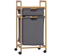HOMCOM Cesto Portabiancheria con 2 Scomparti e Ruote, Sacchi Portabiancheria in Tessuto e Struttura in Bambù, 42x35x84.5cm