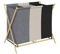 HOMCOM Cesto Portabiancheria Pieghevole a 3 Scomparti da 129L Totali, Cesto per il Bucato in Bambù e Tessuto Effetto Lino, 75x48x67 cm, Multicolore