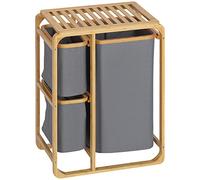 HOMCOM Cesto Portabiancheria Salvaspazio, Cesto Portabiancheria Elegante con 3 Sacchi e Ripiani in Tessuto, Bambù, 50x32x69.7 cm, Color Bambù e Grigio