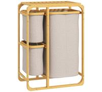 HOMCOM Cesto Portabiancheria Salvaspazio, Cesto Portabiancheria Elegante con 3 Sacchi e Ripiani Estraibili in Tessuto, Bambù, 50x32x69.7 cm, Color Bambù e Crema