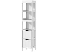 HOMCOM Mobile Bagno con 3 Ripiani Aperti e 2 Cassetti, Colonna Bagno Salvaspazio in Legno, Armadietto per Sala da Pranzo, Salotto, Soggiorno, Cucina, 30x30x141.2 cm, Bianco