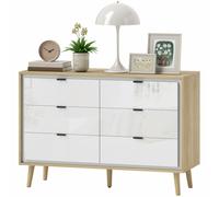HOMCOM Comò con 6 Cassetti in Legno 110x40x75 cm Bianco Lucido e Rovere