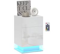 HOMCOM Comodino Camera da Letto Moderno con Luce LED Regolabile, Tavolino da Soggiorno e Salotto con 3 Cassetti, Luci Colorate Regolabili con Telecomando, 40x35x60 cm, Bianco Lucido