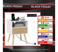 Homcom Comodino con cassetto per stazione di ricarica 2 prese CA Porta USB tipo C Scomparto aperto Gambe in legno Bianco