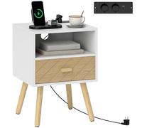 HOMCOM Comodino con stazione di ricarica, comodino con cassetto, 2 prese di corrente, porta USB e porta di tipo C, scomparto aperto, gambe in legno, per soggiorno, camera da letto, bianco