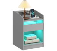 HOMCOM Comodino con stazione di ricarica e luce LED RGB, Comodino per camera da letto con cassetto, ripiano aperto, porte USB e telecomando, per soggiorno, studio, 40x40x58 cm, grigio
