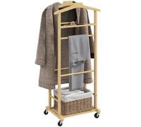 Homcom Comodino in bambù con ruote Appendiabiti Barrette per pantaloni Vassoio e scarpiera 47X33,7X105,5 cm Naturale