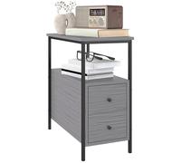 HOMCOM Comodino stretto con 2 cassetti e ripiano portaoggetti, tavolino industriale con struttura in metallo per piccoli spazi, colore grigio con venature del legno