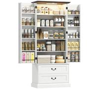 HOMCOM Credenza alta da cucina con sensore LED, mobile da cucina, 2 ante, 10 portaspezie, 2 cassetti e ripiani regolabili, mobile contenitore per soggiorno, sala da pranzo, 76x39,5x183cm, bianco