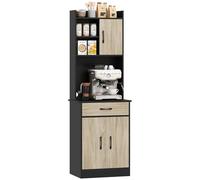HOMCOM Credenza Cucina, 180 cm Mobile Dispensa con Foro Passacavi e Piano Portamicroonde, Mobile Cucina con Cassetto, 3 Ripiani Aperti e Armadietti, per Sala da Pranzo, Soggiorno, Nero e Color Legno