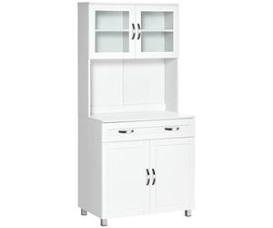 HOMCOM Credenza Cucina Alta con 2 Armadietti, Piano Portamicroonde e Cassetto, Mobile Dispensa con Ante in Vetro e Mensole Regolabili, per Soggiorno, Sala da Pranzo e Cucina, 80x48x170 cm, Bianco