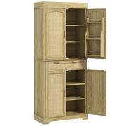 HOMCOM Credenza Cucina Alta in Stile Boho con 2 Armadietti e un Cassetto, Mobile Cucina con Portaspezie in Legno e Rattan, 76x40x183cm, Rovere