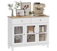 HOMCOM Credenza Cucina con 2 Armadietti e 2 Cassetti, Ante in Vetro Temperato Scanalato, Credenza Buffet Soggiorno con e Ripiani Regolabili, per Sala da Pranzo, 100x35x80.3 cm, Bianco e Rovere