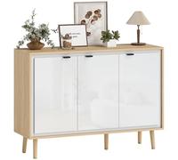 HOMCOM Credenza Cucina con 3 Ante, Mobile Cucina Moderno con Ripiano Regolabile e Piedi in Legno, Credenza Buffet per Soggiorno, Sala da Pranzo e Salotto, 107x35x77 cm, Bianco Lucido e Rovere