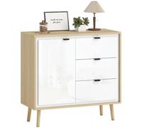 HOMCOM Credenza Cucina con 3 Cassetti 80x35x77 cm Bianco Lucido e Rovere | Armadietto, Mobile Cucina Moderno con Ripiano Regolabile, Credenza Buffet per Soggiorno Sala da Pranzo e Salotto, Madia