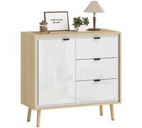 HOMCOM Credenza Cucina con 3 Cassetti e Armadietto Bianco Lucido e Rovere