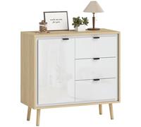 HOMCOM Credenza Cucina con 3 Cassetti e Armadietto, Mobile Cucina Moderno con Ripiano Regolabile, Credenza Buffet per Soggiorno, Sala da Pranzo e Salotto, 80x35x77 cm, Bianco Lucido e Rovere