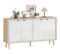 HOMCOM Credenza Cucina con 4 Ante, Mobile Cucina Moderno con Ripiano Regolabile e Piedi in Legno, Credenza Buffet per Soggiorno, Sala da Pranzo e Salotto, 141x35x77 cm, Bianco Lucido e Rovere