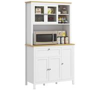 HOMCOM Credenza Cucina con Armadietti, Cassetto e Piano Portamicroonde, Mobile Dispensa con Ante in Vetro, Ripiani Regolabili, Mobile Cucina per Soggiorno, Sala da Pranzo, 100x40x180 cm, Bianco