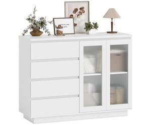 HOMCOM Credenza Cucina con Armadietto a 2 Ante Soft Close in Vetro Temperato Buffet con 4 Cassetti e Ripiani Regolabili Mobile Cucina per Soggiorno Sala da Pranzo 120x40x91 cm Bianco