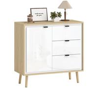 HOMCOM Credenza Cucina con Armadietto e 3 Cassetti Bianco Lucido e Rovere
