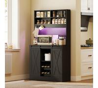 HOMCOM Credenza Cucina con Prese di Ricarica, Luci LED Regolabili, Portabottiglie, Mobile Dispensa con Ripiani Aperti e Ante Scorrevoli, per Soggiorno Sala da Pranzo, Stile Rustico, 100x38x180cm, Nero