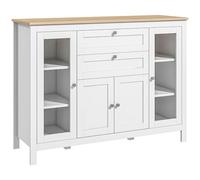 HOMCOM Credenza Cucina, Mobile Cucina con 2 Cassetti, 3 Armadietti, Piano d'Appoggio in Caucciù, Credenza Buffet con Ante a Vetro, Ripiani Regolabili, per Soggiorno Sala da Pranzo, 120x40x90cm, Bianco