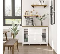HOMCOM Credenza Cucina, Mobile Cucina con 2 Cassetti, 3 Armadietti, Piano d'Appoggio in Caucciù, Credenza Buffet con Ante a Vetro, Ripiani Regolabili, per Soggiorno Sala da Pranzo, 120x40x90cm, Bianco