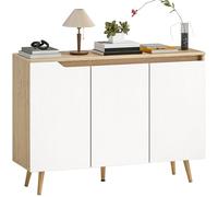 HOMCOM Credenza Cucina, Mobile Cucina con 3 Ante, Ripiani Regolabili e 5 Gambe in Legno di Caucciù, Stile Moderno, Credenza Buffet per Soggiorno, Salotto, Sala da Pranzo, Bianco e Rovere