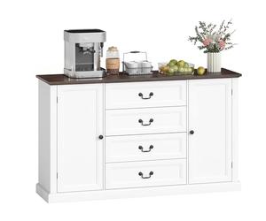 HOMCOM Credenza Cucina, Mobile Cucina con 4 Cassetti Soft Close, Piano d'appoggio Spesso, Credenza Buffet con Ripiani Regolabili, Stile Rustico, per Soggiorno, Sala da Pranzo, 147x40x87 cm, Bianco