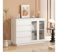 HOMCOM Credenza Cucina, Mobile Cucina con Armadietto a 2 Ante Soft Close in Vetro Temperato, Credenza Buffet con 4 Cassetti e Ripiani Regolabili, per Soggiorno, Sala da Pranzo, 120x40x91 cm, Bianco St