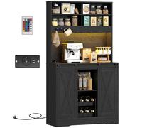HOMCOM Credenza Cucina, Mobile Dispensa con Prese di Ricarica, Luci LED Regolabili, Portabottiglie Rimovibile per 6 Bottiglie, Mobile Buffet Ripiani Aperti, Ante Scorrevoli, per Sala da Pranzo, Nero