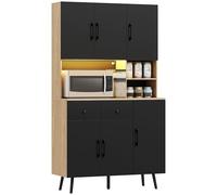HOMCOM Credenza da cucina con luce LED RGB, mobile da cucina alto, mobile contenitore con piano di lavoro, 6 ante, 2 cassetti, vani a giorno, ripiani regolabili, 100x40x176cm, nero