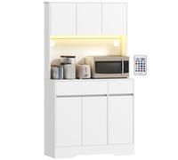 HOMCOM Credenza da cucina con luce LED RGB, mobile da cucina alto, mobile contenitore con piano di lavoro, 6 ante, 2 cassetti, ripiani regolabili e telecomando incluso, 100x38x180cm, bianco