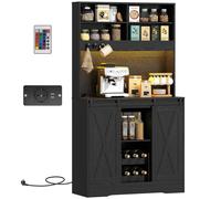 HOMCOM Credenza da Cucina con Portabottiglie, Prese di Ricarica e Luci LED Nero