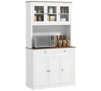 HOMCOM Credenza da cucina, mobile ausiliario da cucina, armadio da cucina, con 3 ante in vetro, scomparto aperto, 2 cassetti e ripiani regolabili, 100 x 40 x 180 cm, bianco