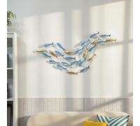 HomCom Decorazione da parete Banco di Pesci in metallo 99,7x3,8x50,2 cm oro e blu