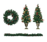 HOMCOM Decorazioni Natalizie con Luci LED e Bacche Rosse, Set 4 Pezzi | 2 Alberelli di Natale Φ40x90 cm, Ghirlanda Natalizia, Corona di Natale