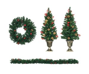HOMCOM Decorazioni Natalizie con Luci LED e Bacche Rosse, Set 4 Pezzi | 2 Alberelli di Natale Φ40x90 cm, Ghirlanda Natalizia, Corona di Natale