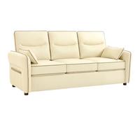 HOMCOM, Divano 3 Posti, Imbottito in Pelle Finta, Bordo a Contrasto, Beige | Imbottitura Spessa, 2 Cuscini Rimovibile e Lavabile, Braccioli e Tasche Laterali, 190x83x90cm