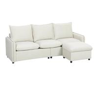 HOMCOM Divano Angolare 3 Posti Divano ad Angolo Modulare in Tessuto Effetto Pelle Traspirante 212x125x84 cm con Contenitore Poggiapiedi Rimovibile e Cuscini, Divano a L Reversibile per Salotto, Crema