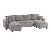 HOMCOM Divano Angolare con Doppia Chaise Longue, Divano a U in Tessuto a Coste con Seduta Ampia e Profonda, Cuscini a Molle, Grigio Chiaro Aosom Italy