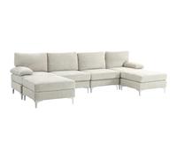 Homcom Divano Componibile 4 Posti con 2 Poggiapiedi e Cuscini per Braccioli e Schiena, Divano con Penisola in Tessuto effetto Ciniglia, 313x149x88 cm, Bianco Crema