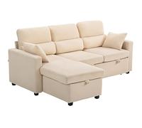 HOMCOM Divano Letto 3 Posti con Chaise Longue Convertibile, Divano Angolare con Penisola Vano Portaoggetti e 2 Cuscini, in Velluto a Coste, per Soggiorno Salotto Ufficio, 205x135x76 cm, Beige