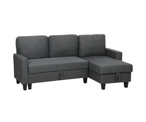 HOMCOM Divano Letto 3 Posti con Chaise Longue Convertibile, Divano Angolare con Vano Portaoggetti, Cuscini Sfoderabili in Tessuto Effetto Lino, per Soggiorno Salotto, 197x129x85 cm, Grigio Scuro